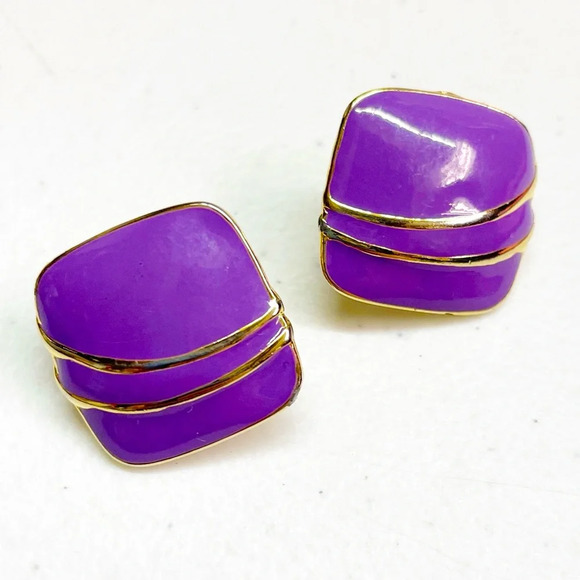 3 for $10 🛍️ 80s Vintage Clip On Statement Earrings Set Purple & Gold Square - Picture 1 of 4